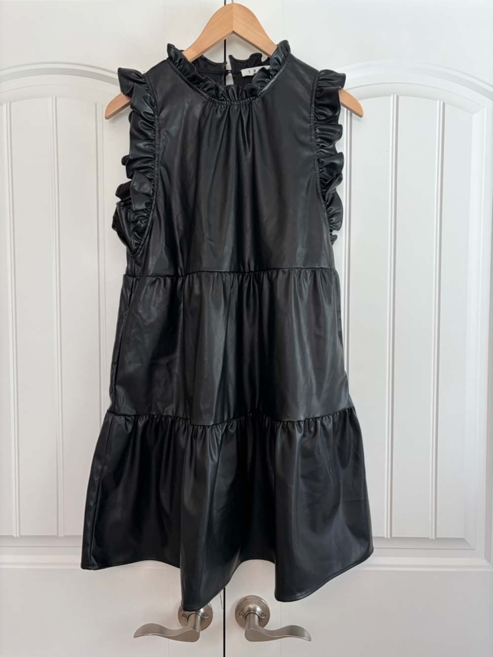 THML NWT Tabitha Black Faux Leather Tiered Mini Dress Ruffle Sleeve Size M